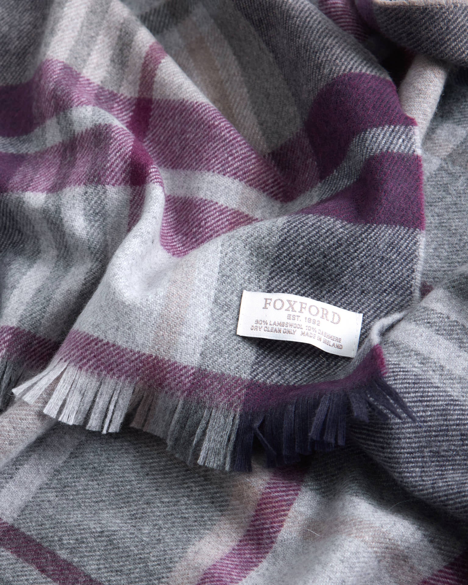Foxford Aubergine and Grey Tartan Fine Wool Cashmere Blend Scarf - Image 3