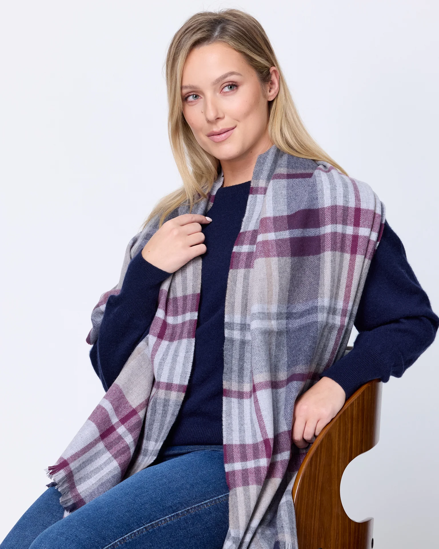 Foxford Aubergine and Grey Tartan Fine Wool Cashmere Blend Scarf - Image 4