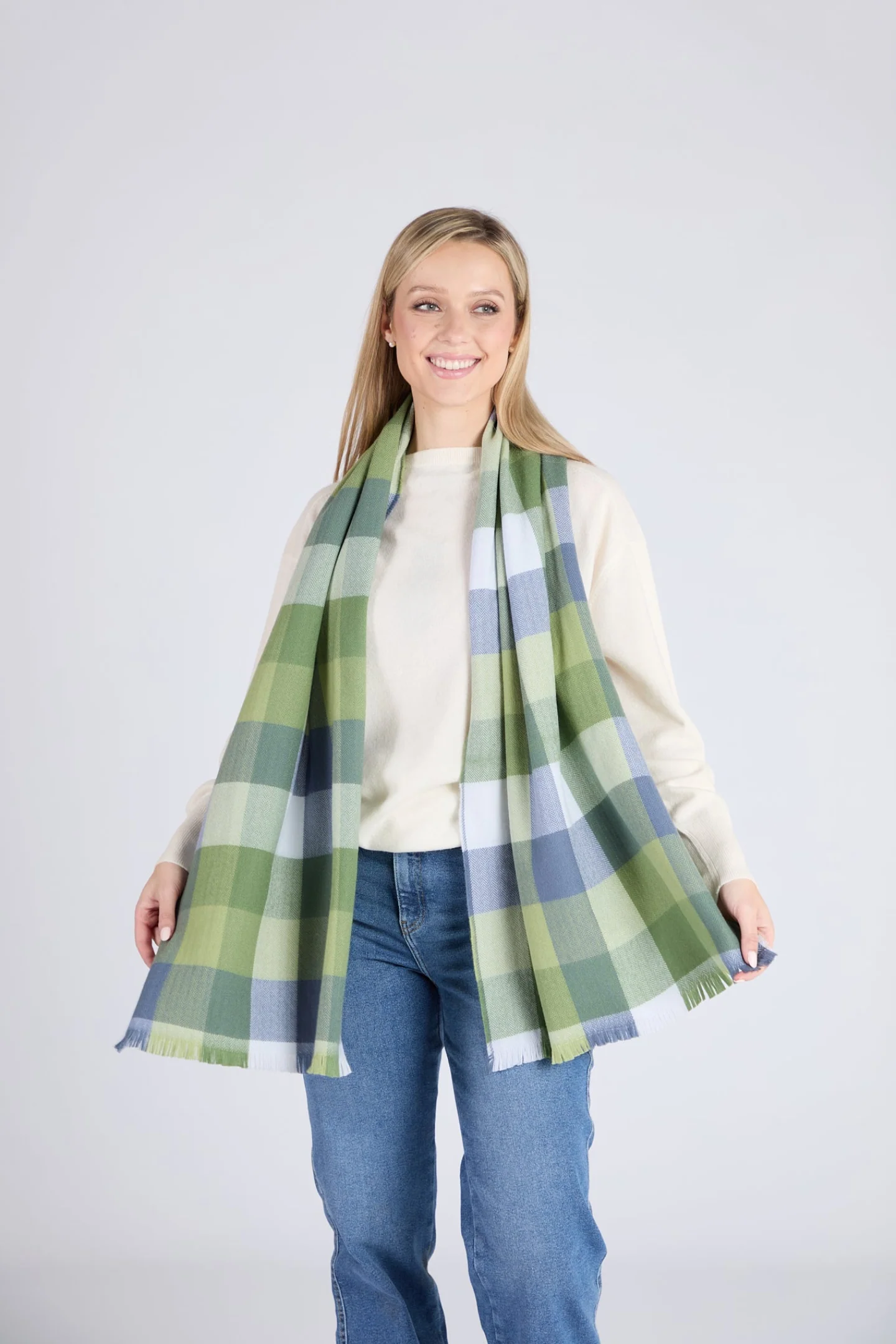Foxford Green & Blue Block Check Extra-Fine Merino Scarf