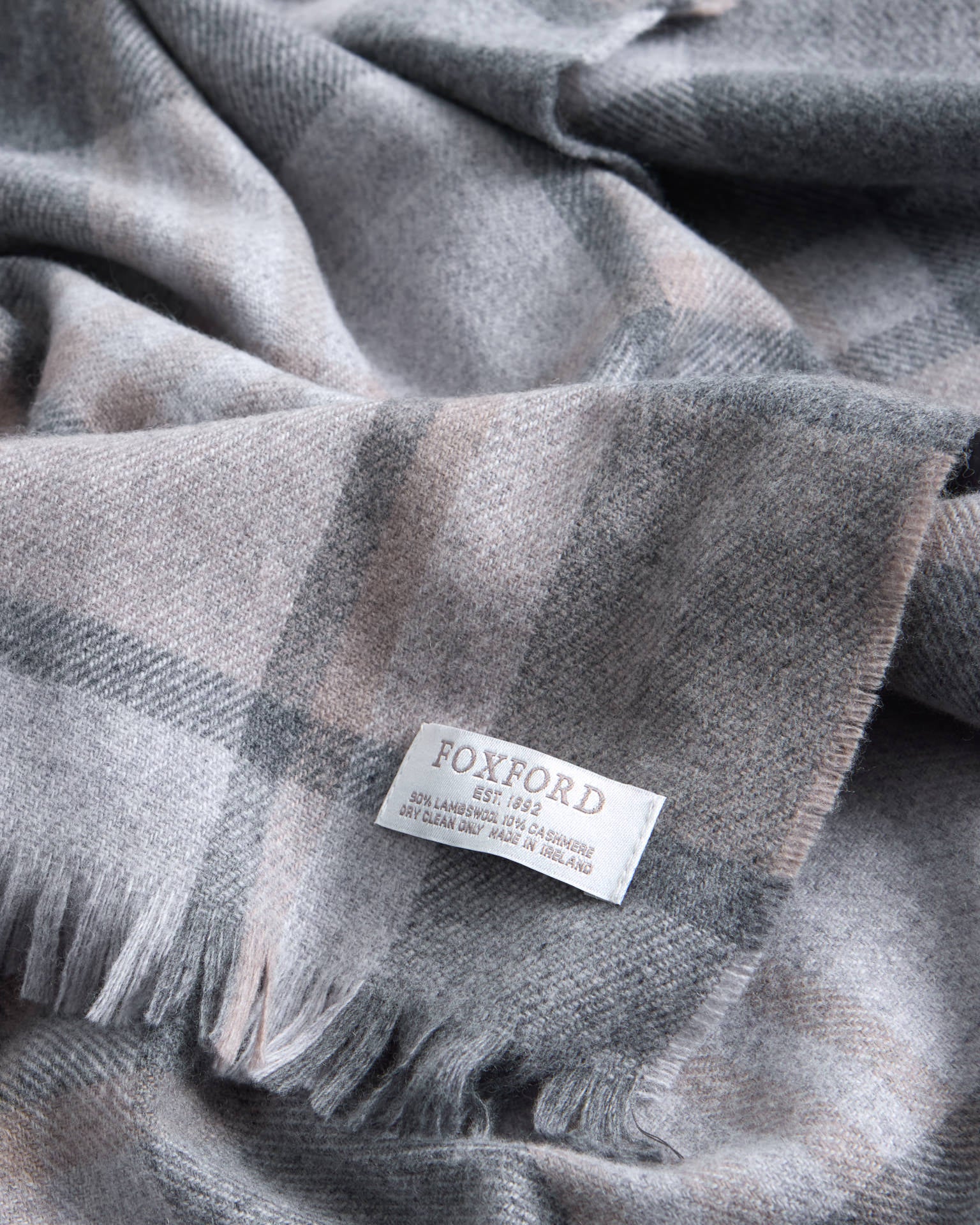 Foxford Grey and Mink Tartan Fine Wool Cashmere Blend Scarf - Image 3