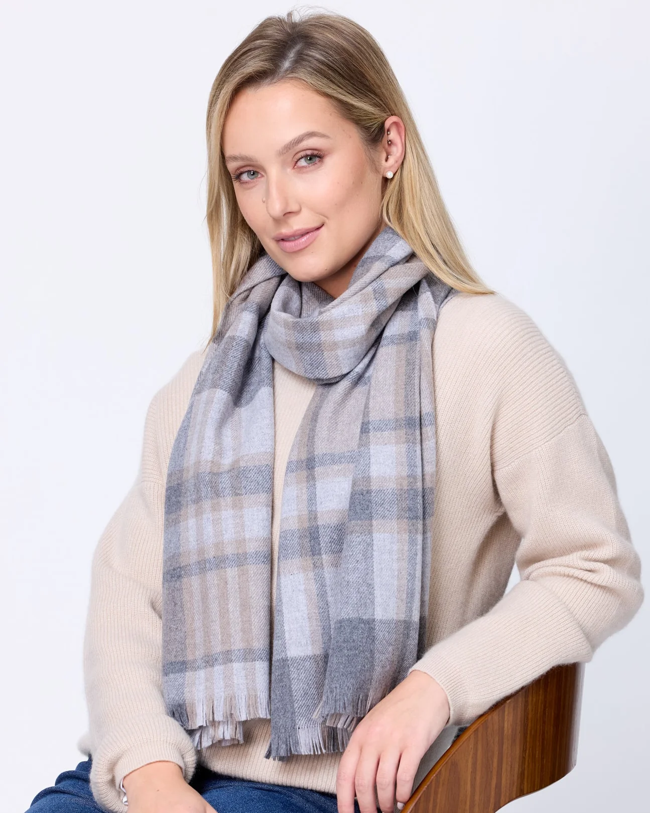 Foxford Grey and Mink Tartan Fine Wool Cashmere Blend Scarf - Image 4
