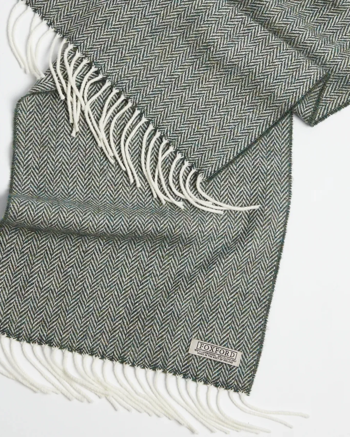 Foxford Mallard Green Herringbone Lambswool Scarf - Image 2