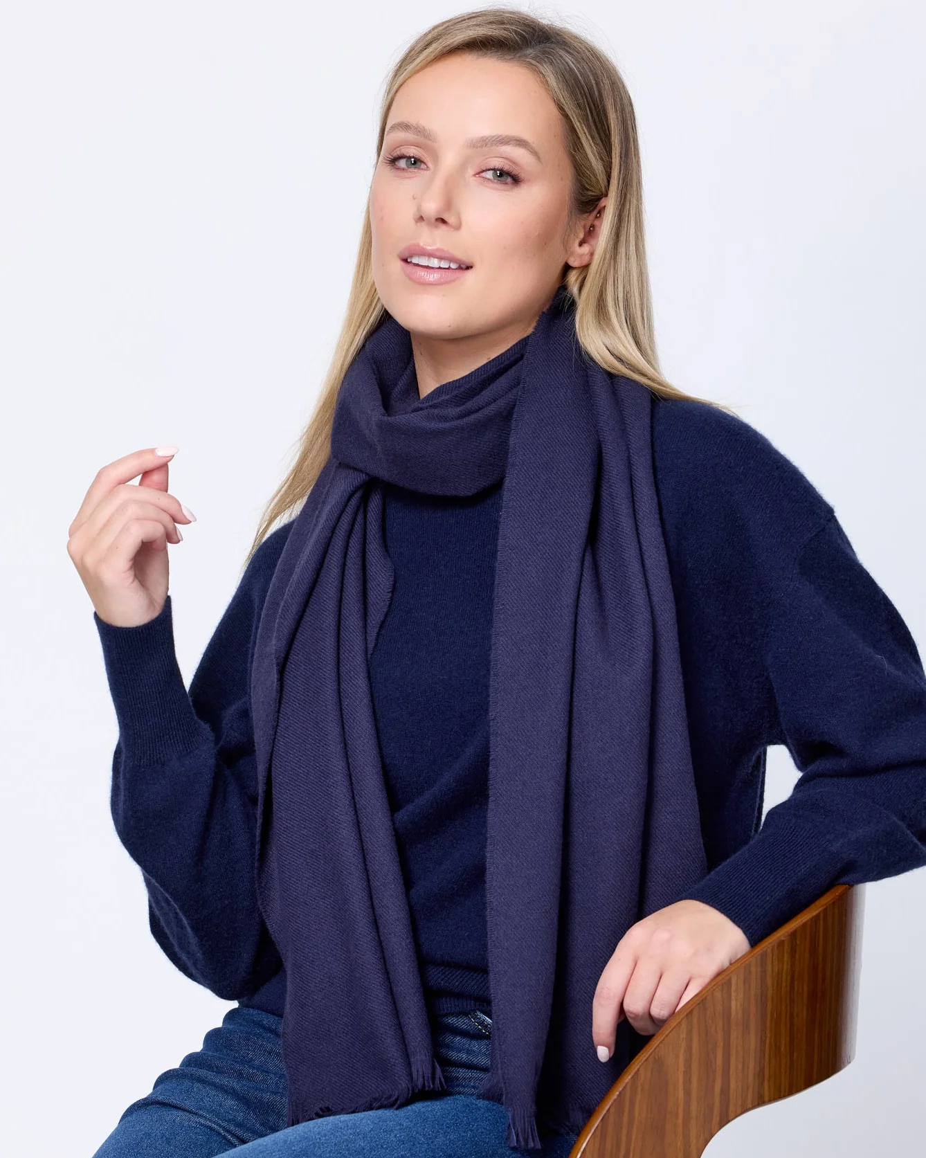 Foxford Solid Navy Fine Wool Cashmere Blend Scarf - Image 2